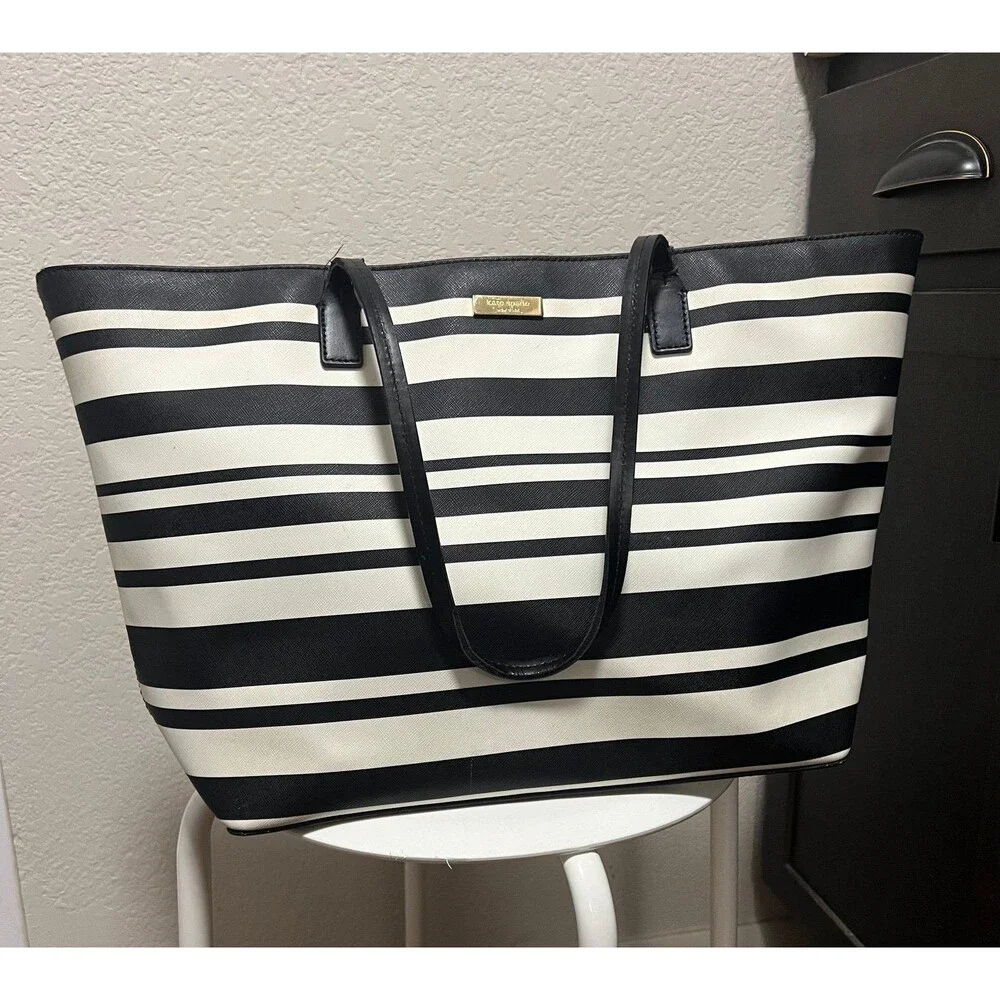 Kate Spade striped leather black and white tote bag